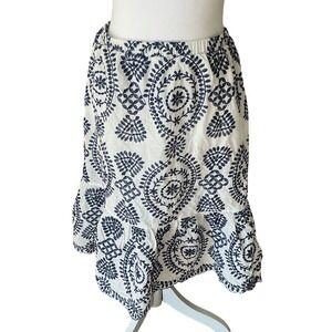 ADIVA Blue & White Embroidered Boho Lined Midi Skirt Elastic Waist Medium